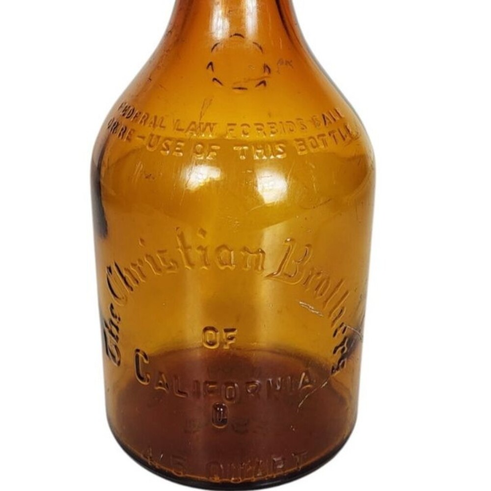 VTG 50s Christian Brothers of California Amber Glass Whiskey Bottle 4/5 Quart